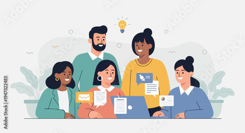 A diverse group of colleagues collaborates on a project around a laptop, brainstorming ideas