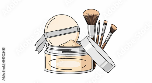 A loose powder jar with puff, cap, and brushes