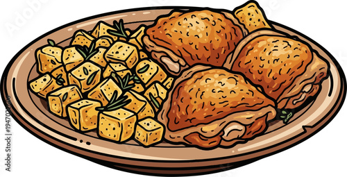 A plate of roasted chicken thighs and crispy potato cubes with rosemary