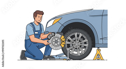 Mechanic changing car brake.