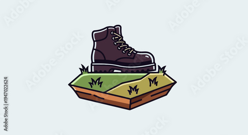 A single, dark brown, laced boot stands on a small patch of grass and dirt