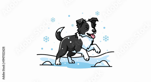 A playful black and white dog frolics in light blue snow with stylized snowflakes