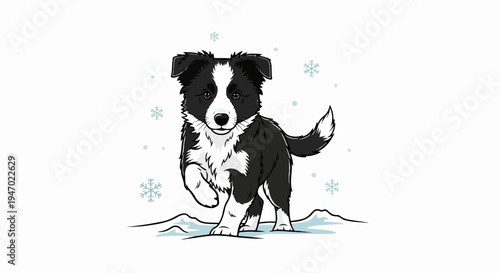 A playful border collie puppy runs through falling snowflakes