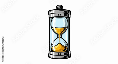 A stylized hourglass with golden sand flowing through its narrow middle