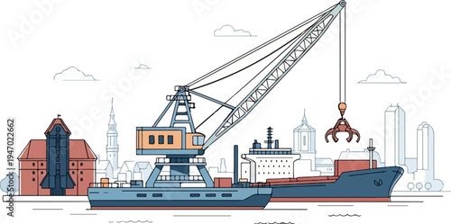 A port scene with a large crane loading cargo onto a ship near a city skyline
