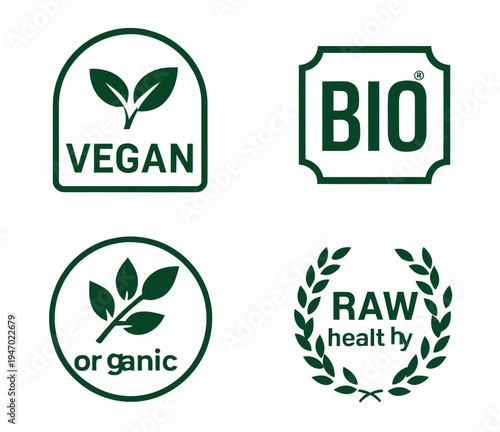 Vegan and Organic Food Label Icons – Raw and Healthy Product Badges