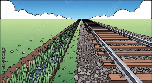 A single railway track stretches to the horizon across a vast, green meadow
