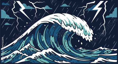 A powerful wave crashes during a stormy night with lightning strikes and heavy rain