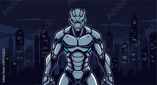 A powerful metallic robot stands stoically before a dark, pixelated cityscape at night