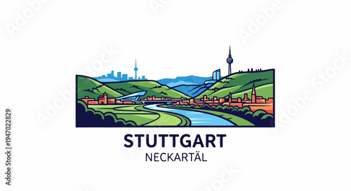 A stylized illustration of a cityscape with rolling hills, a river, and iconic towers, set against a blue sky