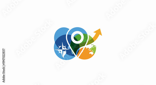 Abstract map pin with globe, compass, and arrow, suggesting travel and direction