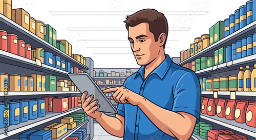 A man in a blue shirt uses a tablet while browsing shelves stocked with groceries