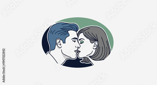 A stylized illustration of a couple sharing a kiss within a green oval frame