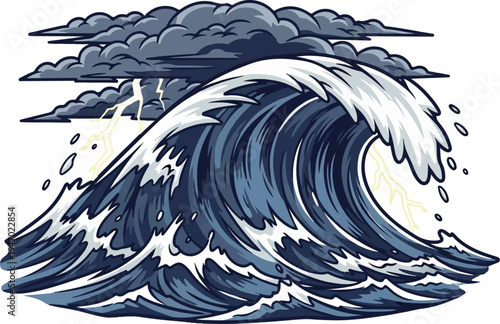 A powerful wave crashes under a stormy, lightning-filled sky