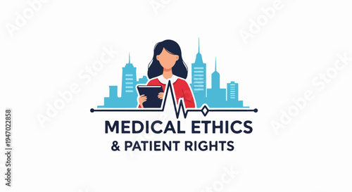 A professional woman in a red top holds a tablet, with a city skyline and heartbeat graphic