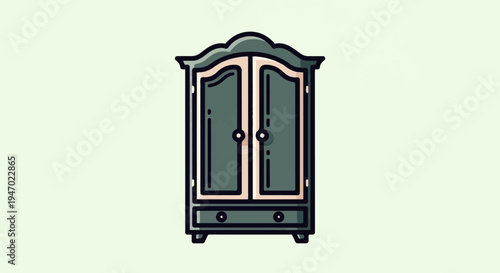 A stylized illustration of a dark green, antique-style wardrobe with two doors and two drawers