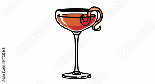 A stylized illustration of a coupe glass filled with a reddish-orange cocktail, garnished with a bright orange peel twist
