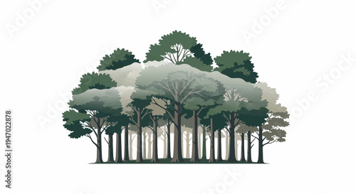 A stylized illustration of a dense forest with various shades of green and grey foliage