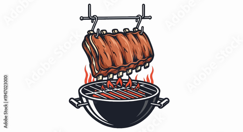 A rack of ribs is grilled over a flaming barbecue grill, creating a delicious meal