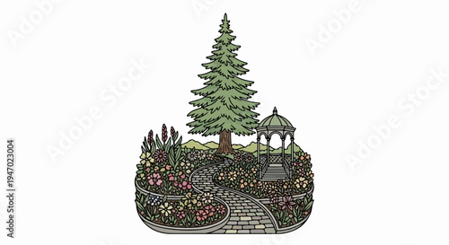 A quaint garden scene features a winding stone path leading to a gazebo, surrounded by colorful flowers and a tall evergreen tree