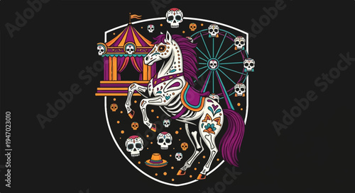 A skeletal horse with skull decorations stands before a Ferris wheel and circus tent