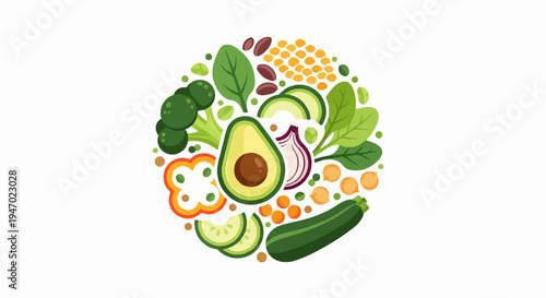 A vibrant, circular arrangement of fresh vegetables and legumes on a white background