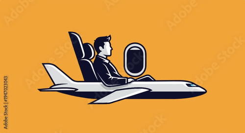 A stylized illustration of a man in business attire sitting in an airplane