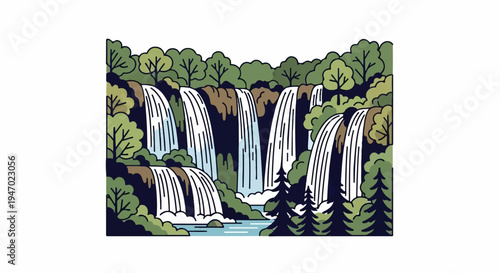 A stylized illustration of a multi-tiered waterfall cascading through lush green trees