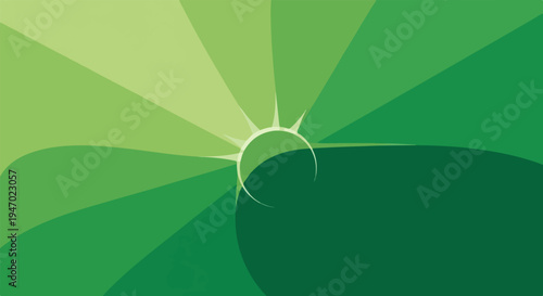A radiant sun with sharp rays emerges from a crescent shape, set against a green gradient