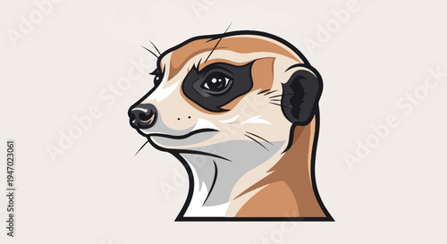 A stylized illustration of a meerkat's head, depicted in profile with sharp black outlines and a light tan background