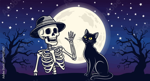A skeleton in a hat and a black cat sit under a large moon with stars and bare trees