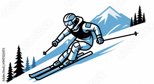 A skier speeds downhill past snowy mountains and trees