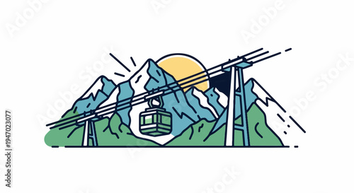 A ski lift travels across snowy mountains at sunset