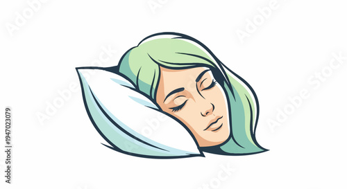 A stylized illustration of a peaceful person with light green hair sleeping on a white pillow