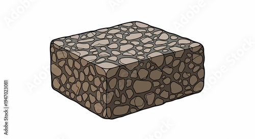 A rectangular block constructed from many small, irregular stones embedded in grout