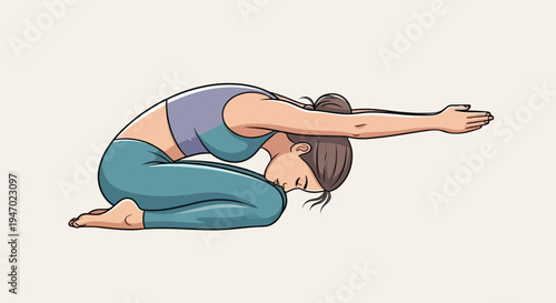 A stylized illustration of a person in a yoga pose, with eyes closed and arms extended forward