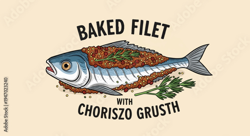 A stylized illustration of a whole baked fish with a chorizo crust and dill garnish