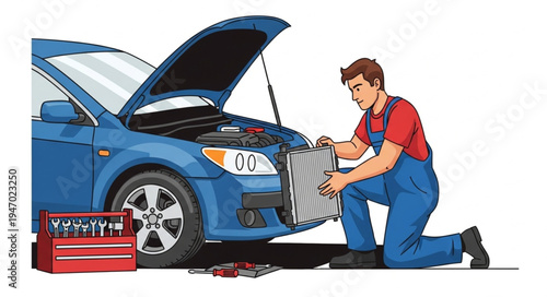 Mechanic changing car radiator.