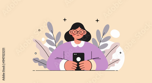 A stylized illustration of a woman wearing glasses and a purple top, holding a phone amidst abstract plant elements