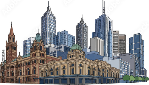 A vibrant cityscape illustration featuring historic architecture against a backdrop of modern skyscrapers