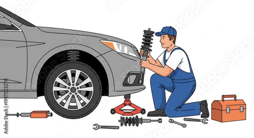 Mechanic changing car shock absorber.