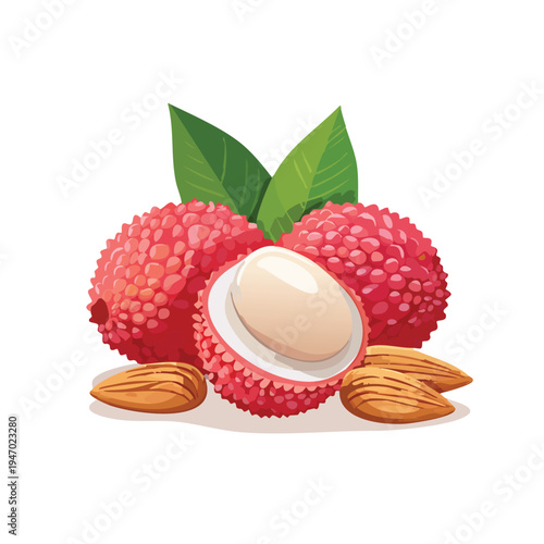 Freshly harvested lychee fruit with almonds and green leaves illustration