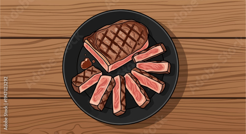 A sliced grilled steak with crosshatch marks served on a black plate atop a wooden table