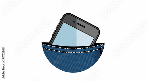 A smartphone is partially inserted into a blue denim pocket
