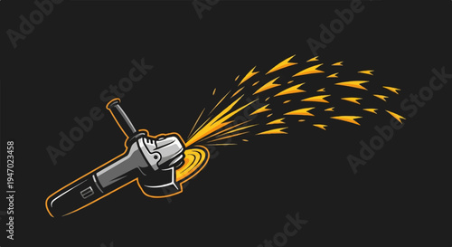 A stylized illustration shows an angle grinder emitting a vibrant spray of sparks