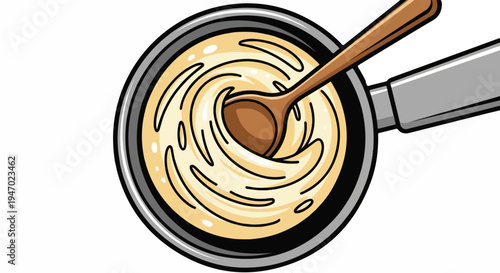 Cartoon top view of creamy mixture being stirred in a pan with a wooden spoon