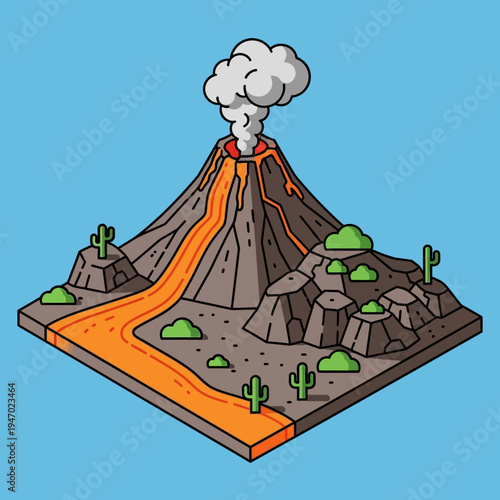 Isometric illustration of an erupting volcano with flowing lava, smoke, and desert landscape.