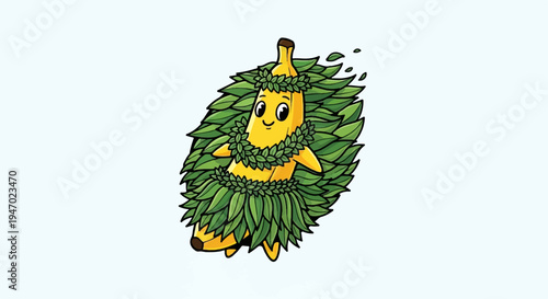 A smiling banana wearing a leafy hula outfit and lei