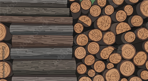 A stylized illustration shows a rustic wall of stacked logs, one side with horizontal planks, the other with round wood cuts