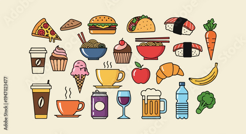 A vibrant collage of various food and drink items, rendered in a flat, cartoonish style